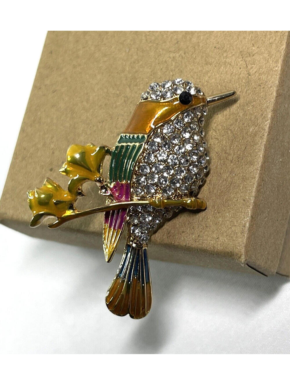 Anne Klein Enamel Gold-Tone Multi Crystal Bird on Branch